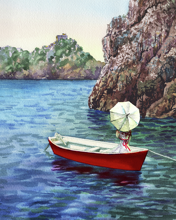 Irina Sztukowski - Girl With Umbrella In The Red Boat Drifting Peacefully Watercolor Beach Art 