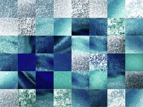 Irina Sztukowski - Glowing Teal Blue Gray Watercolor Squares Art Mosaic Quilt