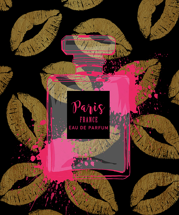 Golden lips and pink perfume bottle on black Ornament