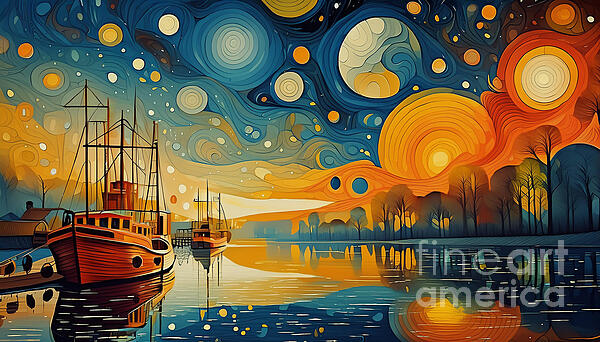 Viktor Birkus - Golden sunset hour over the river with fishing boats at the pier