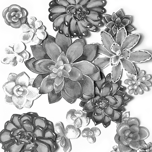 Irina Sztukowski - Gray Monochrome Succulent Plants Garden Watercolor Art Decor I