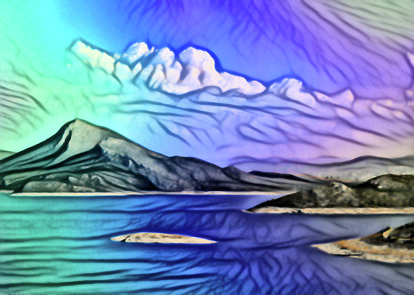 Sheri Fresonke Harper - Greek Coastline with Island and Clouds in Digital Art Style