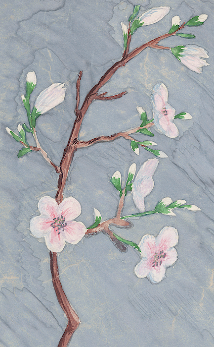 Gentle Grey Wind Pink Blossoms Watercolor Painting