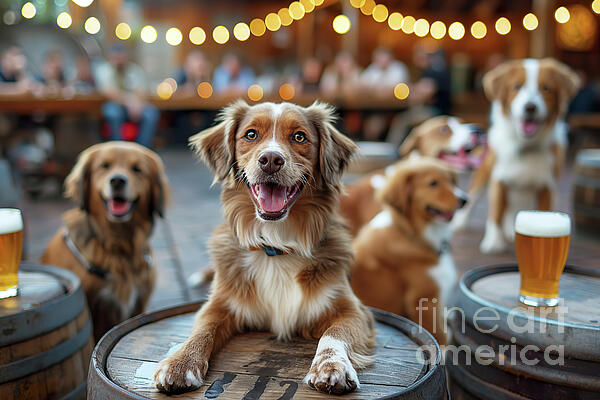 Joaquin Corbalan - Group of dogs sitting on top of wooden barrels, socializing and enjoying themselves.