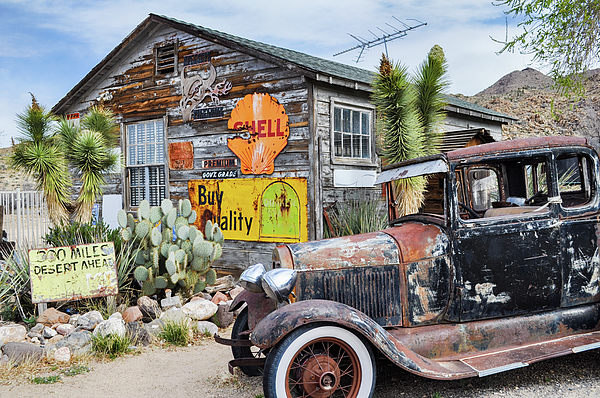 Rusty Metallic Car and Desert Plant Gasoline Station Image Shower Curtain Set 