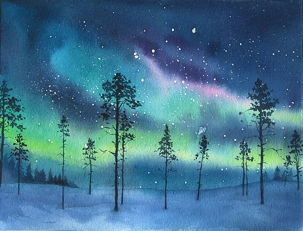 Brise Ooze Tilskynde Hand drawn watercolor landscape with northern light Jigsaw Puzzle by Julien  - Pixels