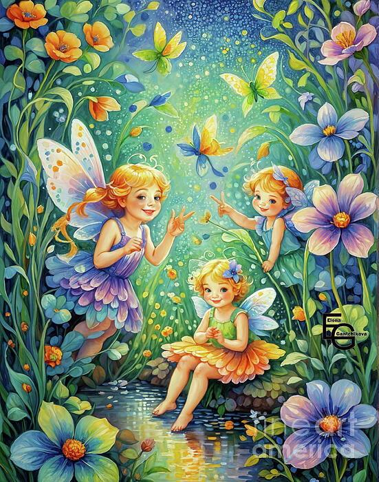 Elena Gantchikova - Happy fun fairies in a magical garden. A painting to improve your mood and well-being.