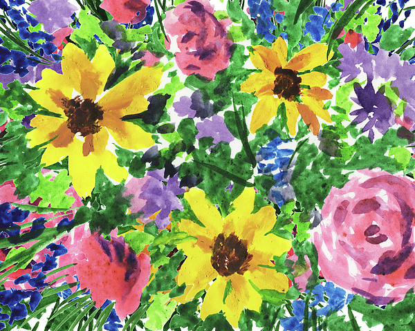 Irina Sztukowski - Happy Impressionistic Flowers Yellow Pink Blue Watercolor Bouquet 