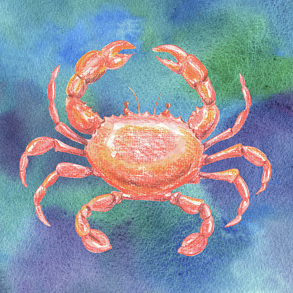 Irina Sztukowski - Happy Watercolor Crab On Blue Water Beach Art 