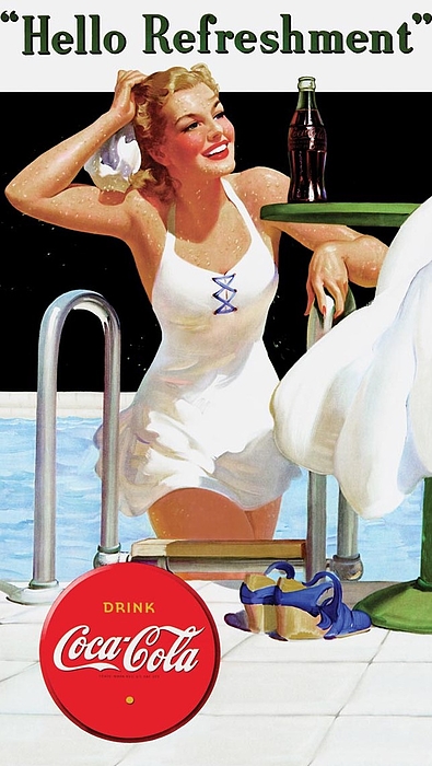 Hello Refreshment Drink Coca Cola Beautiful Woman White Swimsuit Climbing  Out of Swimming Pool Beach Towel