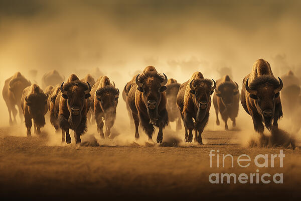 Delphimages Photo Creations - Herd of American Buffalos stampede