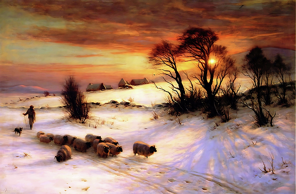 Joseph Farquharson - Herding Sheep in a Winter Landscape at Sunset by Joseph Farquharson