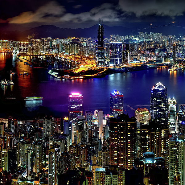 Hong Kong - Skyline Night View Series 1 of 3 Greeting Card by Safran Fine  Art
