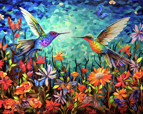 Leslie Reagan - Mosaic Hummingbird Mates Garden Time