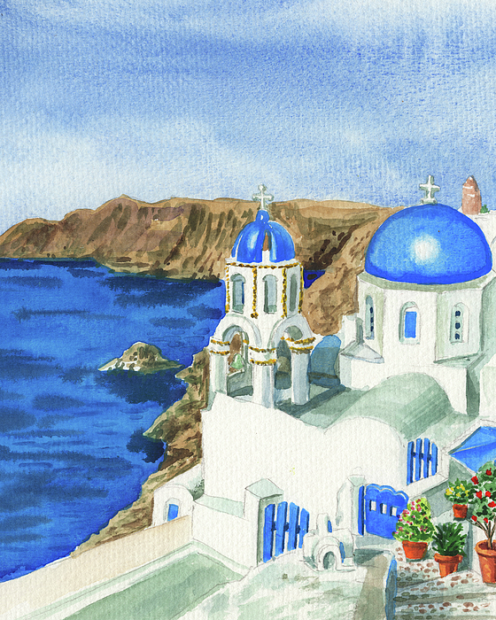 Irina Sztukowski - Impressionistic Painting Of Oia Blue Roof Buildings Greece 