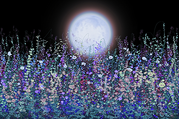 Lena Owens - OLena Art Vibrant Palette Knife and Graphic Design - Lunar Flora Lush Blooms in the Moonlight