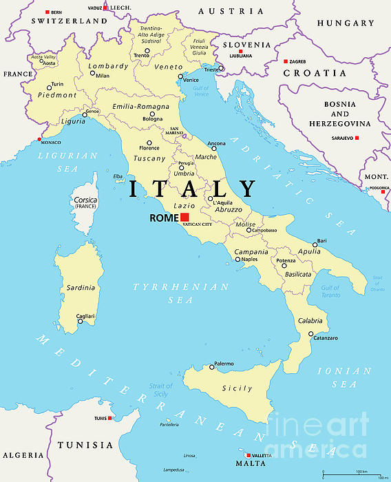 Italy, political map, regions and administrative divisions Greeting ...