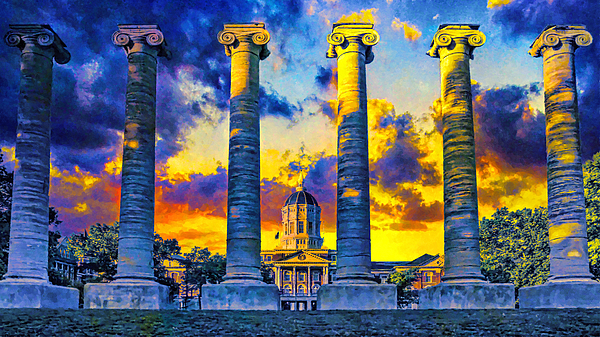 Nicko Prints - Jesse Hall at the University of Missouri seen from the columns at sunset - watercolor art