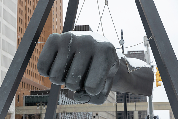 Joe Louis Fist winter in Detroit Weekender Tote Bag by John McGraw - Pixels