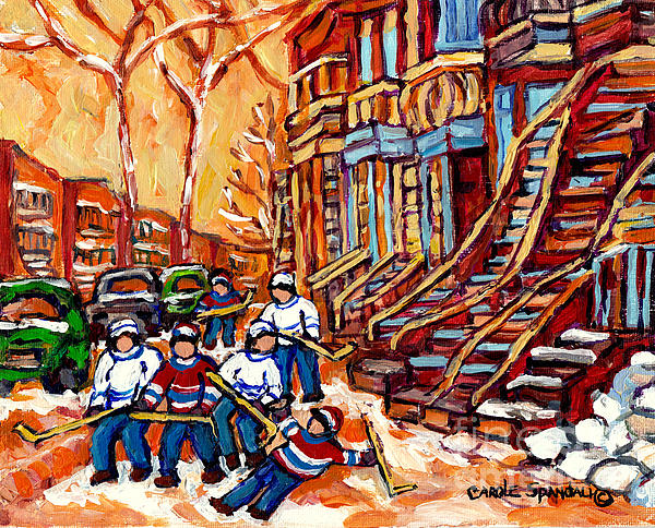 Carole Spandau - Kids Street Hockey Art Montreal Winter Scenes Colorful Winding Staircases C Spandau Canadian Artist