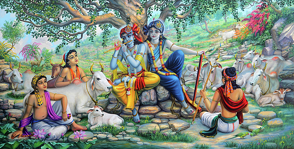 Krishna and Balaram with friends on Govardhan hill Greeting Card by  Vrindavan Das