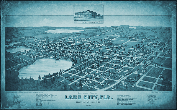 Carol Japp - Lake City Florida Vintage Map Birds Eye View 1885 Blue