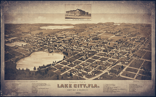 Carol Japp - Lake City Florida Vintage Map Birds Eye View 1885 Sepia