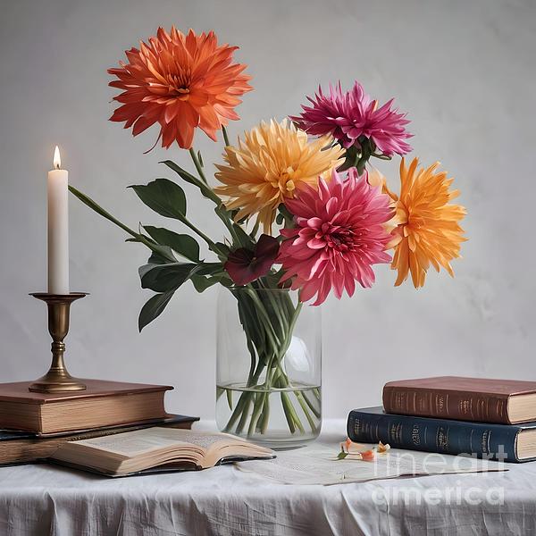 Charlene Adler - Large Dahlia Arrangement with Candles and Books.