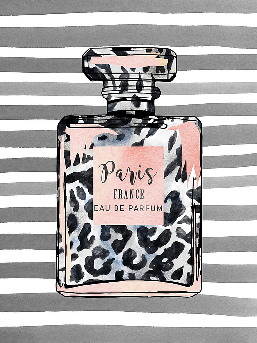 Leopard print perfume bottle on grey stripes Greeting Card by