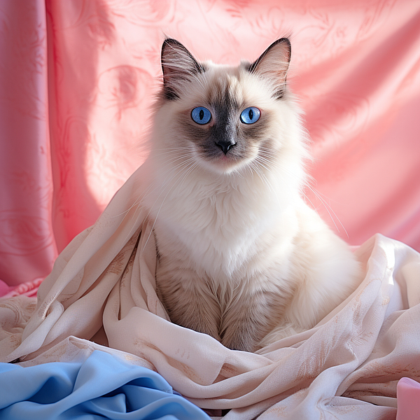 ShaytonAndCo - Lifestyle portrait of a Ragdoll cat cocooning under pink sheets