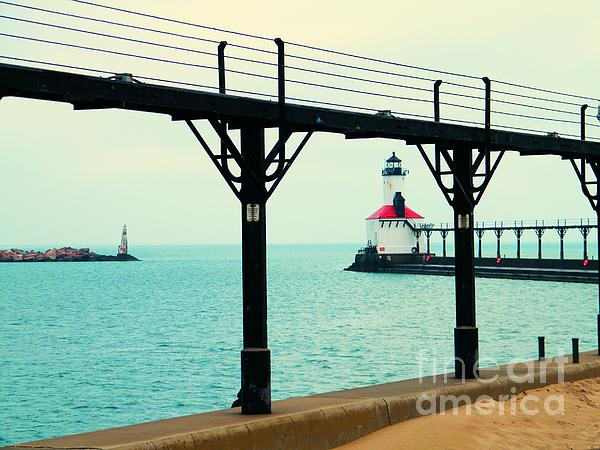 Rory Cubel - Lighthouse And Marina Beacon Seen Through Pier Catwalk   Lake Michigan     Indiana