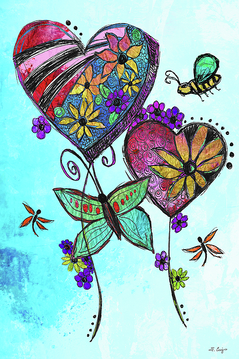 Sharon Cummings - Love Bugs Colorful Hand Drawn Heart Art