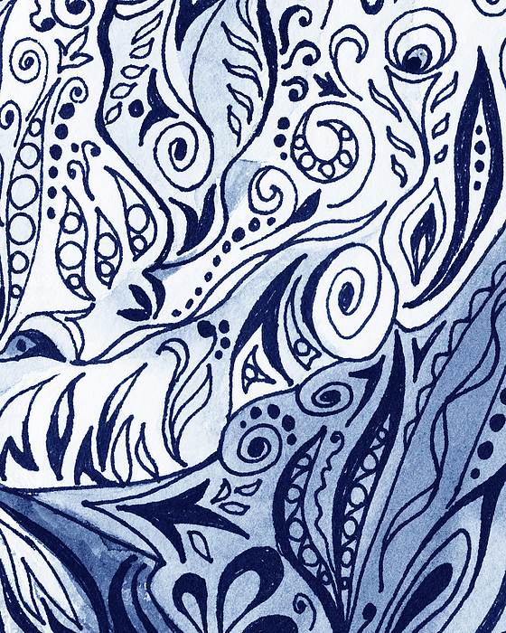 Irina Sztukowski - Lovely Hand Painted Blue Organic Floral Lines Leaves Curves Pattern III