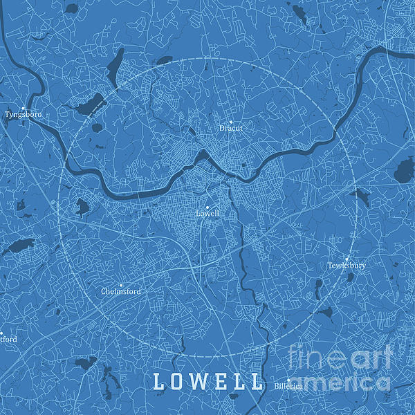 Frank Ramspott - Lowell MA City Vector Road Map Blue Text