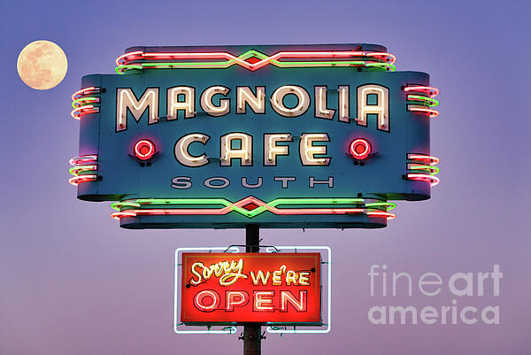 Bee Creek Photography - Tod and Cynthia - Magnolia Cafe SOCO Sign with Moon