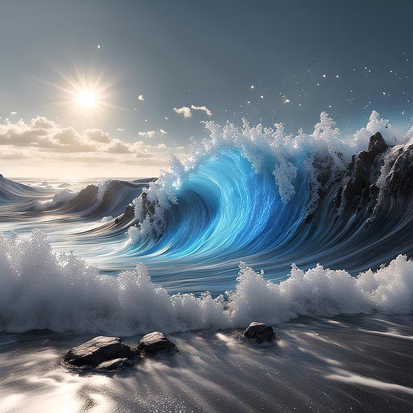 Marvin Anthony Designs - Majestic Blue Wave Curls On The Rocky Shore 