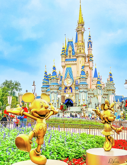 Mickey and Minnie with the Cinderella Castle Greeting Card by Denise Wiese