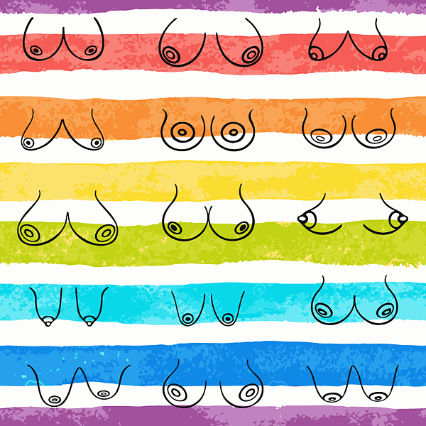 Minimal female breast size feminine body front view different boobs form  Watercolor rainbow stripes Women's T-Shirt by Mounir Khalfouf - Pixels