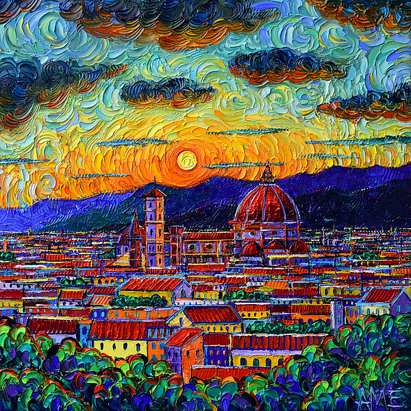Ana Maria Edulescu - MIRACULOUS SUNSET IN FLORENCE ITALY palette knife oil painting on 3D canvas Ana Maria Edulescu