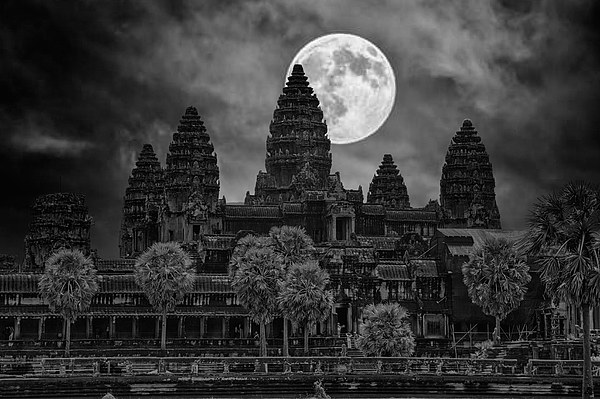 Chuck Kuhn - Moon Over Angkor Wat Temples Black White 