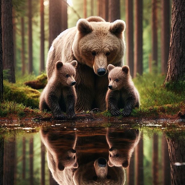 Sandi OReilly - Mother Bear And Cubs Reflection
