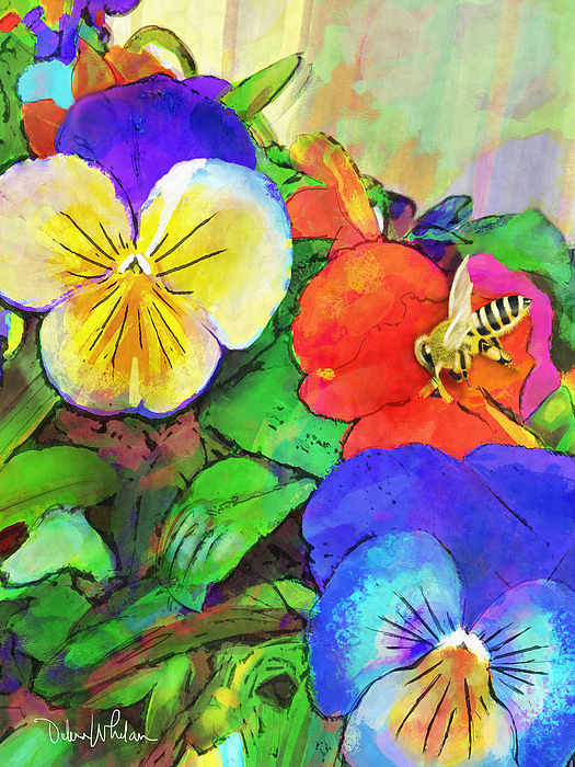 Debra Whelan - Multi-colored Pansies and Bumblebee
