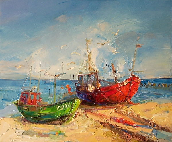 Old Fishing Boats 2020 Bath Towel by Roland Oil Painting - Fine Art America