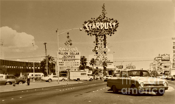 Old Las Vegas Strip Stardust Hotel Casino Classic Cars Scene Las Vegas Blvd  1984 Sepia Color Shower Curtain by John Shiron - Pixels