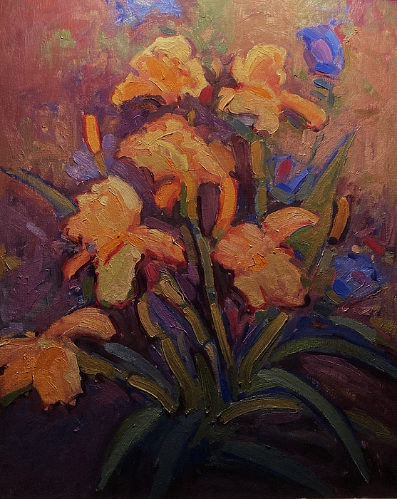 R W Goetting - Orange iris with blue hibiscus