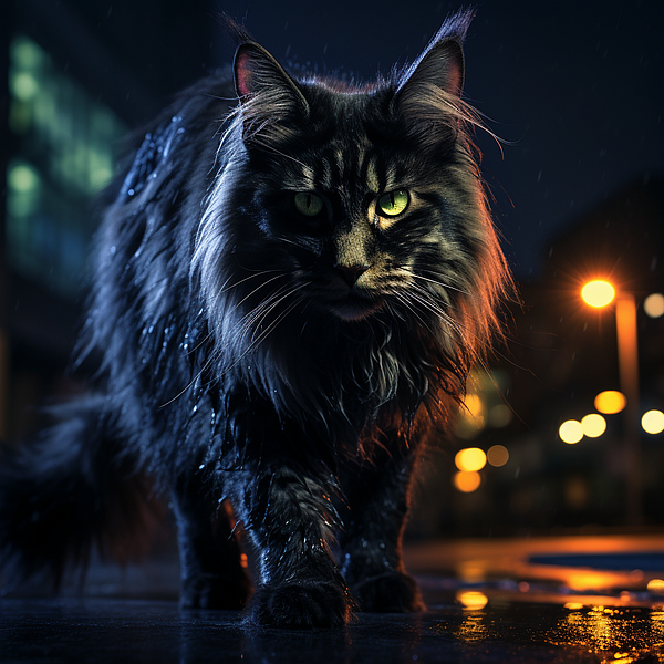ShaytonAndCo - Outdoor portrait of a black Maine Coon cat hunting in the city streets under the rain in the night