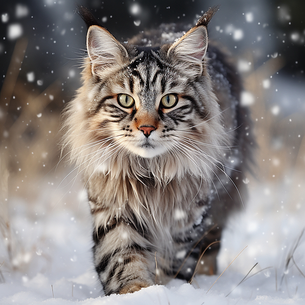 ShaytonAndCo - Outdoor portrait of a silver tabby Maine Coon hunting in a snowy set