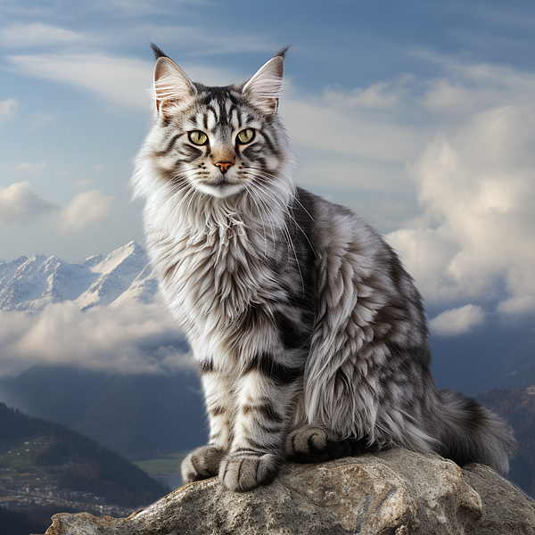 ShaytonAndCo - Outdoor portrait of a silver tabby Maine Coon posing on a rock in front of the Alpine Mountains