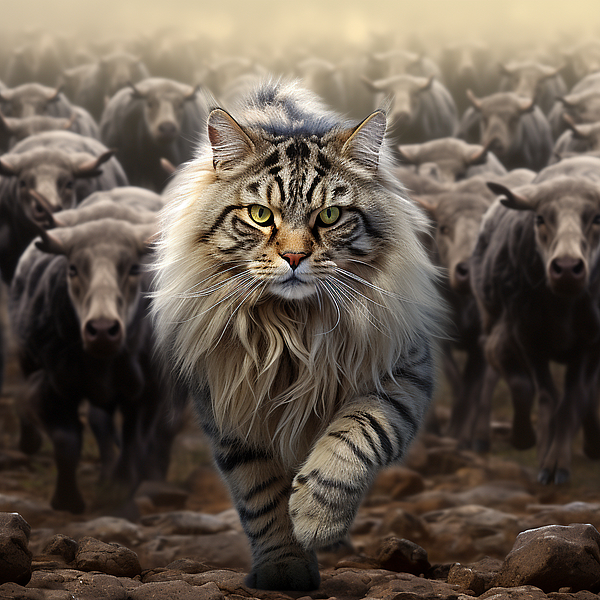 ShaytonAndCo - Outdoor portrait of a wild Maine Coon hunting in the middle of a wildbeeste herd