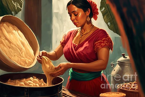 Joaquin Corbalan - Painting of a young Latina preparing Tamil in a rural kitchen.